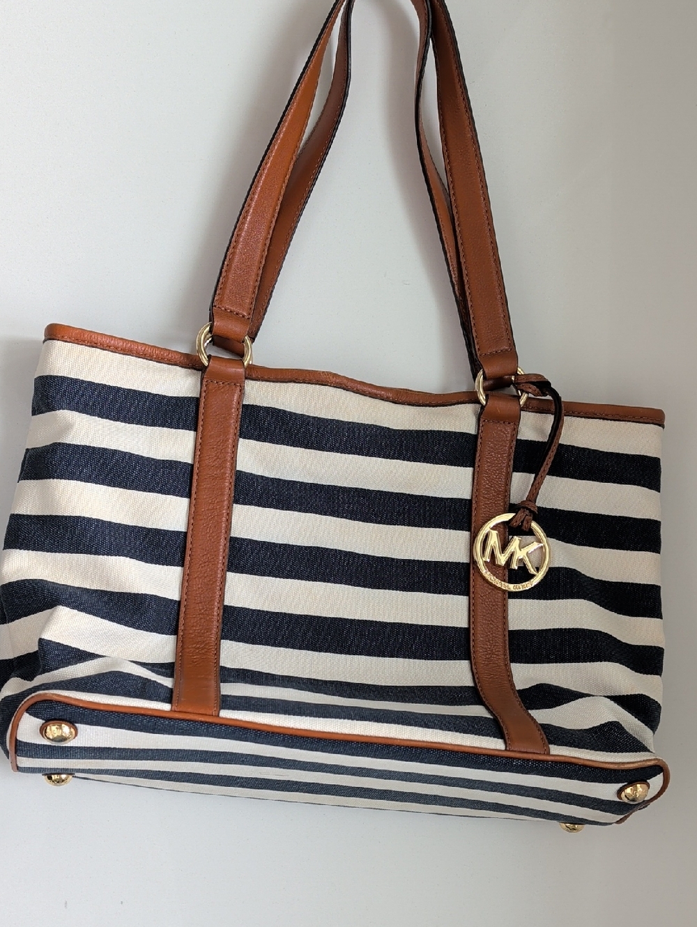 Michael Kors Navy Stripe Tote with Brown Leather Trim